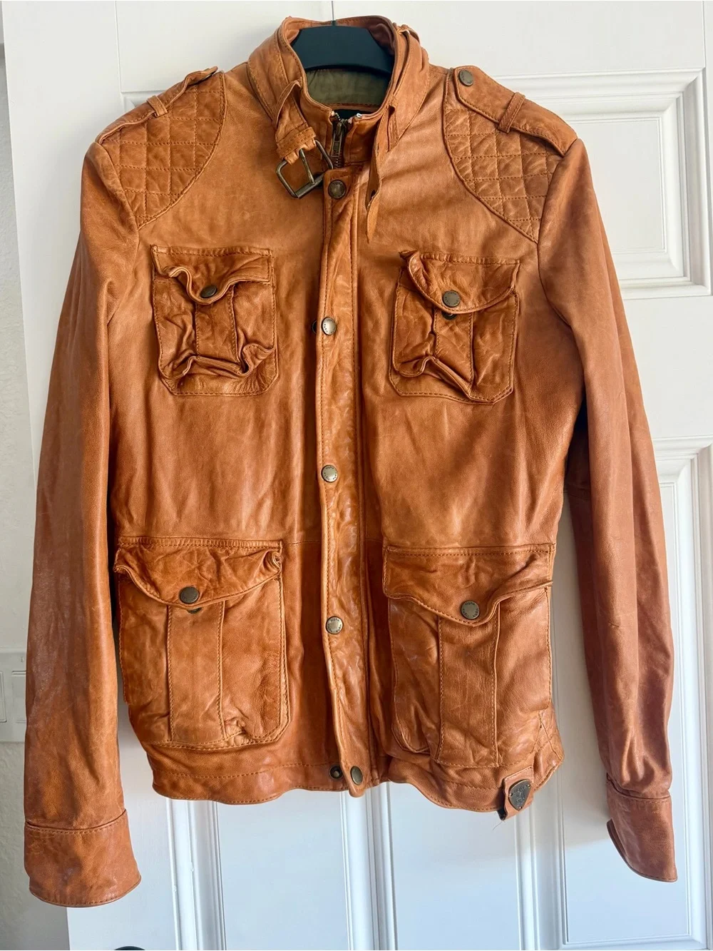 Men's Tan Leather Military Field Jacket by